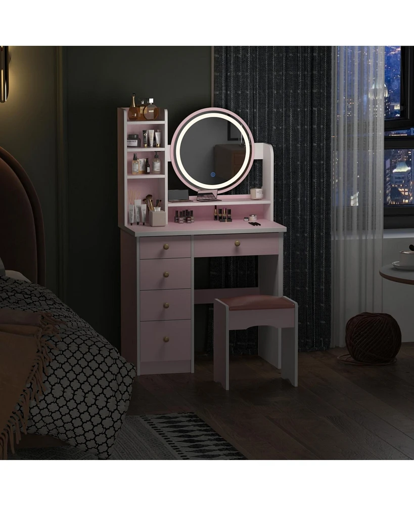 Famapy 5-Drawers Pink Makeup Vanity Dressing Table Set with Stool, Mirror and Storage Shelves Girls