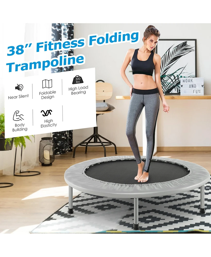 Gymax 38'' Folding Mini Trampoline Fitness Rebounder w/ Safety Pad Silver & Black