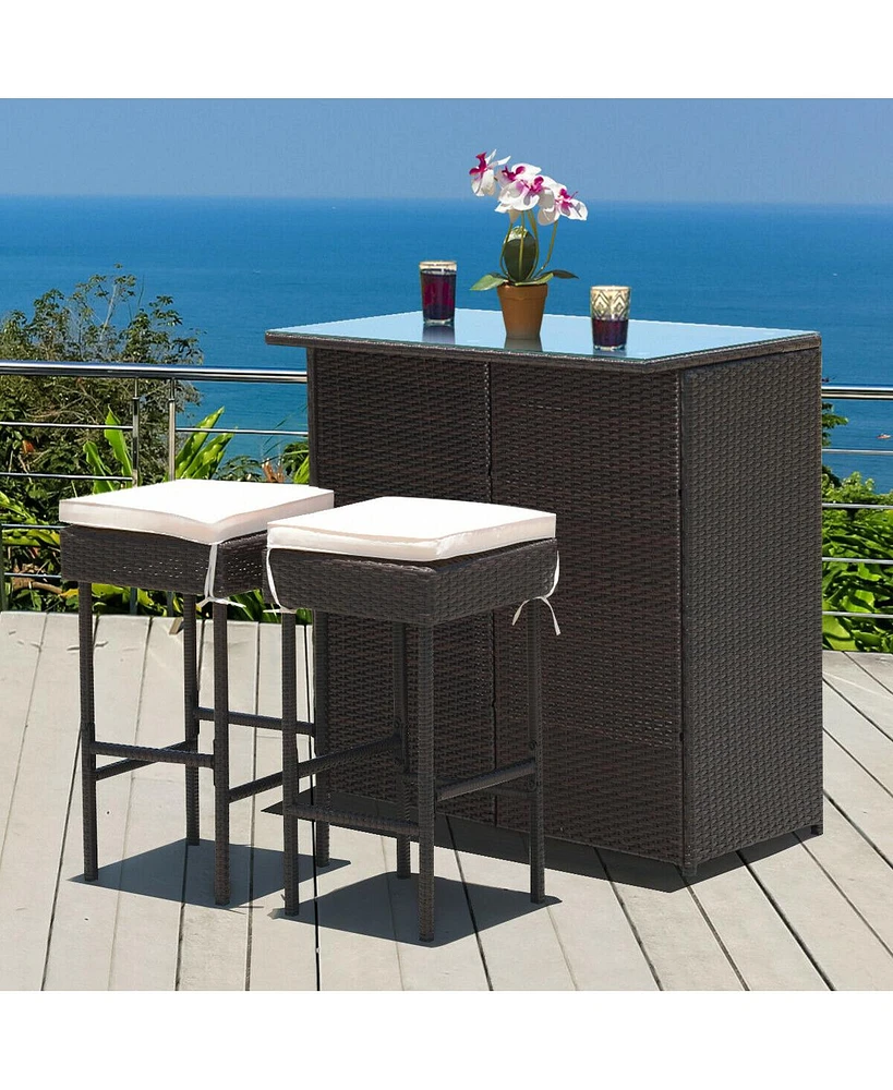 Sugift 3-piece Rattan Wicker Bar Table Stools Dining Set Cushioned Chairs