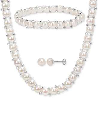 3-Pc. Set Cultured Freshwater Pearl (6-7-1/2mm) Beaded Strand Necklace (17"), Stretch Bracelet & Stud Earrings in Sterling Silver