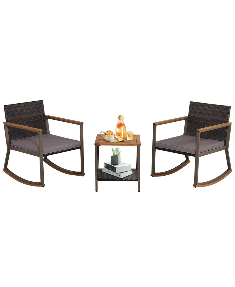 Sugift 3 Pieces Rattan Rocking Bistro Set with Coffee Table and Cushions-Gray