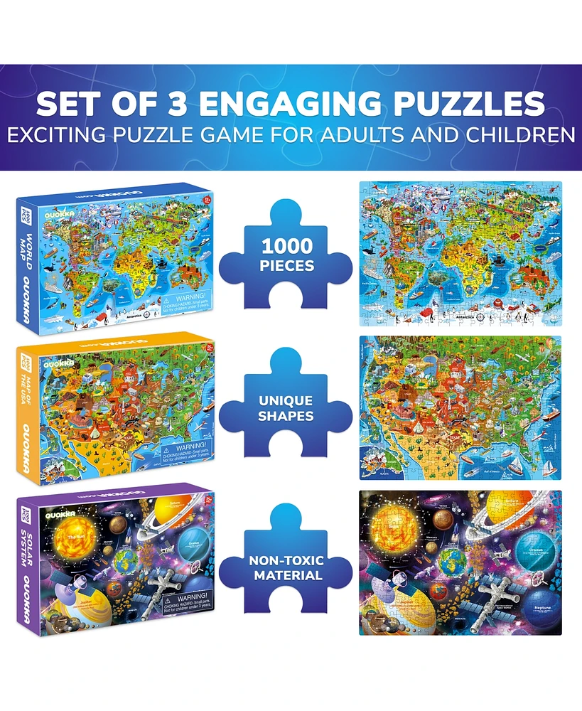 Quokka 3 Pack Puzzles for Kids Ages 8-10 and Adults - World, Usa Map & Space