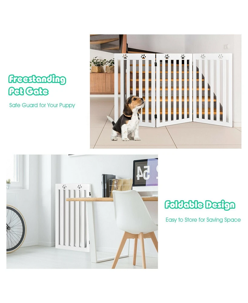 Gouun 36 Inch Folding Wooden Freestanding Pet Gate Dog Gate with 360° Flexible Hinge