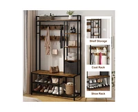 gaomon 5-in-1 Coat Rack, Hall Tree with Bench and Shoe Storage, Freestanding Entryway Bench with 5-Tier Open Shelves, Fabric Storage Basket and 12 Hoo