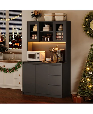 gaomon 70" Kitchen Food Pantry with Charge Station, Led Light,Storage Cabinet