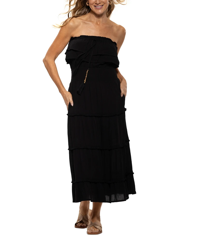 Dotti Women's Ruffled Smocked-Waist Tiered Cover-Up Dress