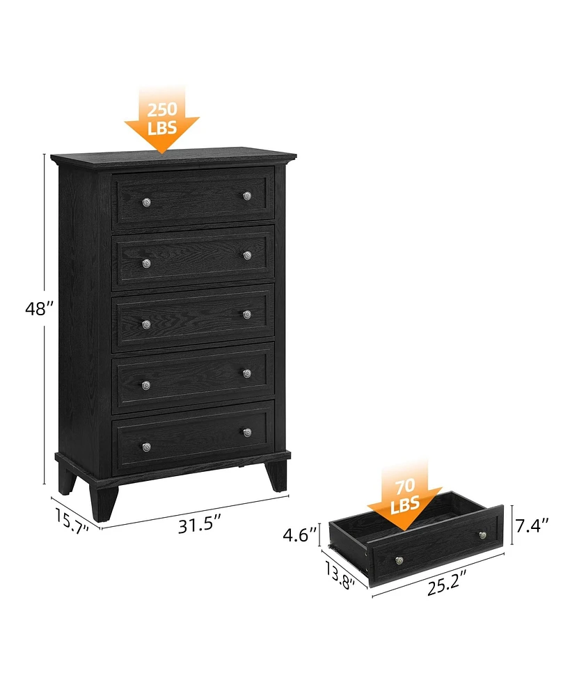 5 Drawers Dresser for Bedroom, White Dresser with Wide Drawers, Wood Chest of Drawers, Tall Dresser for Bedroom