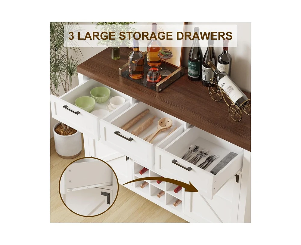 gaomon Wine Bar Cabinet, Coffee Bar Cabinet with Wine Rack & Glass Holder, Farmhouse Sideboard Buffet Cabinet with 3 Drawers & 2 Barn Doors