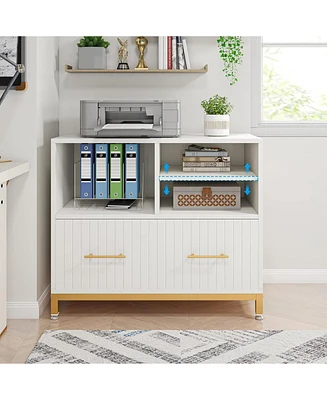 Tribesigns Lateral File Cabinet with Drawer and Adjustable Hanging Rod for Letter/Letter/A4 Size Files, 35.4" Wood Modern Printer Stand with Open Stor