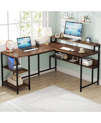 Tribesigns Reversible Corner Computer Desk with Storage Shelves,59 Inch L Shaped Desk with Monitor Stand,Study Writing Table Workstation for Home Offi
