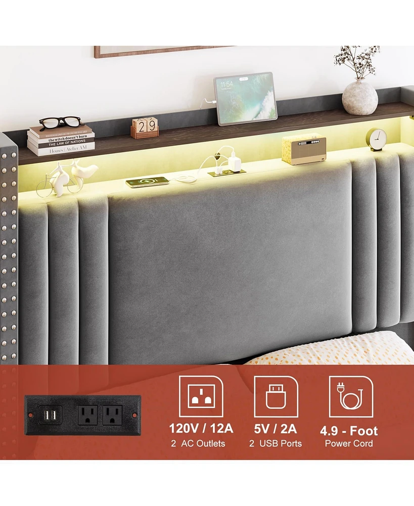 Hausource Queen Size Bed Frame with Velvet Storage Headboard Charging Station Upholstered Platform Bed, Queen