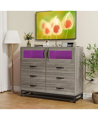 Dresser For Bedroom With Led Lights And Charging Station, 6 Drawer Double Dresser With 2 Shelves, Wide Modern Wooden Chest Of Drawers For Bedroom, Ent