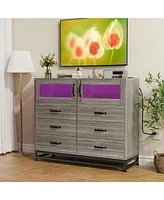 Dresser For Bedroom With Led Lights And Charging Station, 6 Drawer Double Dresser With 2 Shelves, Wide Modern Wooden Chest Of Drawers For Bedroom, Ent