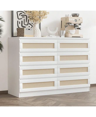 8 Drawer Double Dresser For Bedroom, Rattan Chest Of Dressers, Modern Wooden Dresser Chest