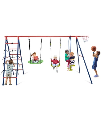 550 Lbs 6-in-1 Patio Kids Swing Set – Climbing Net, Ladder & Basketball Hoop