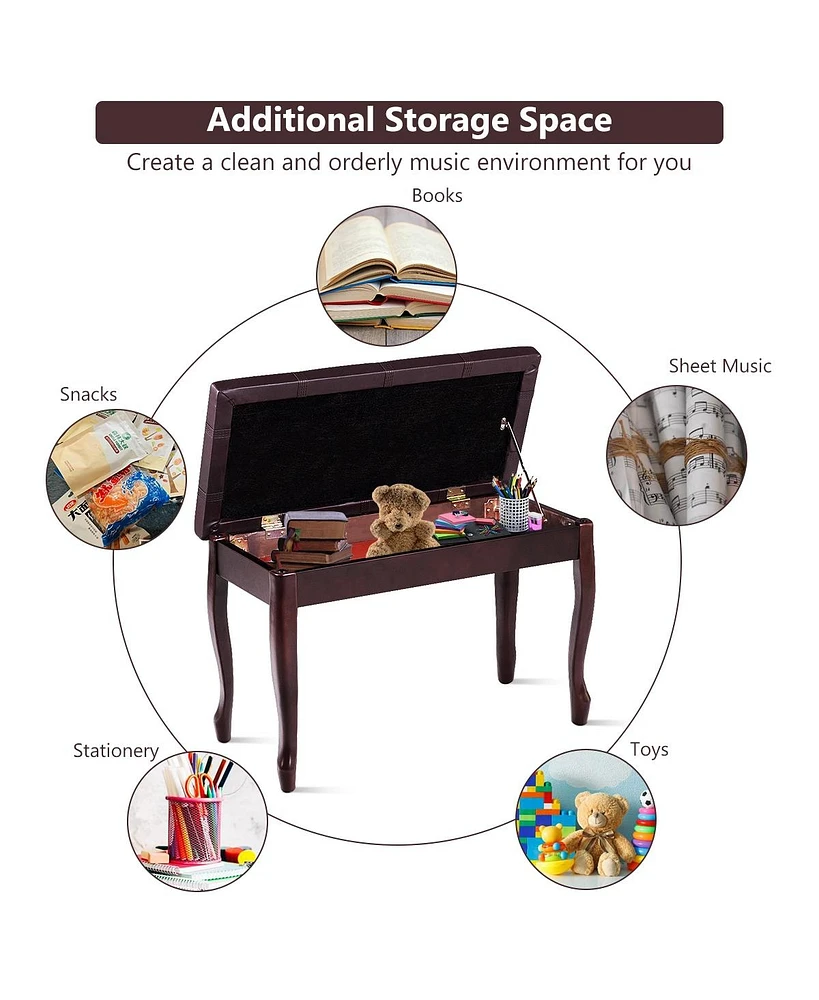 Hongge Solid Wood Pu Leather Piano Bench with Storage-Brown
