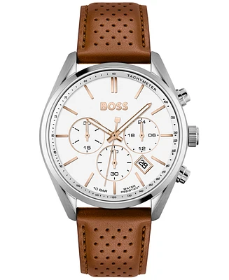 Hugo Boss Men's Chronograph Champion Brown Perforated Leather Strap Watch 44mm