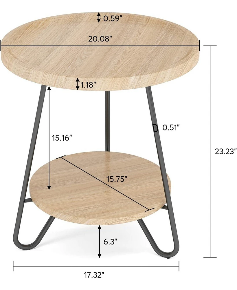 Tribesigns Round Side Table, 2-Tier End Table with Metal Legs, Modern Industrial Beside Table, Small Accent Table Snack Table for Living Room, Bedroom
