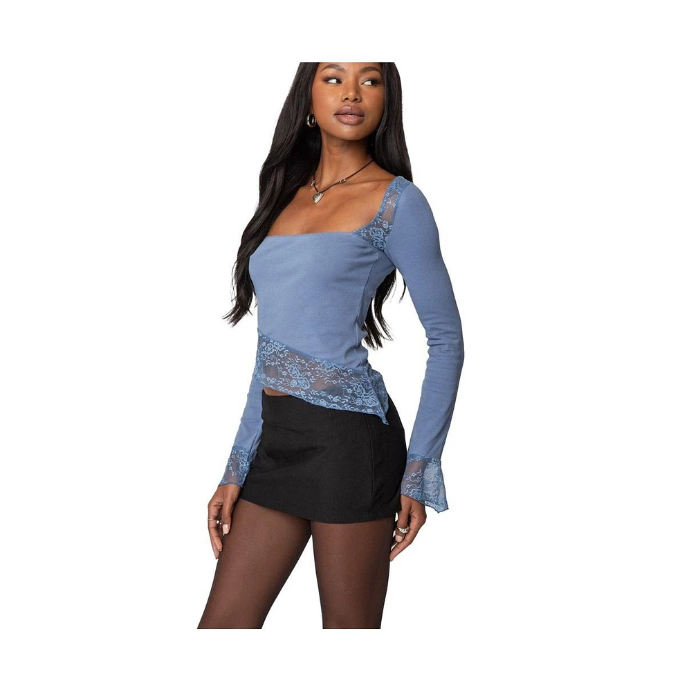 Edikted Womens Lacey Asymmetric Square Neck Top