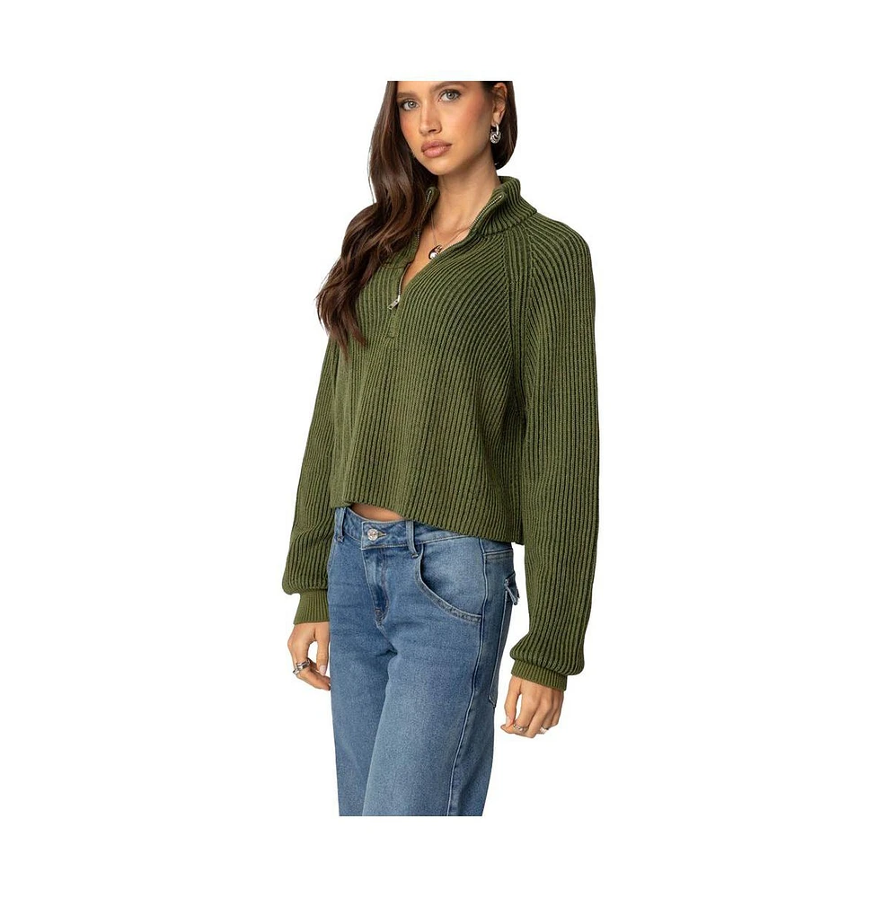 Edikted Women's Cropped Rib Knit Half Zip Sweater