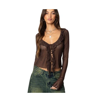 Edikted Womens Sheer Mesh Ruffled Top