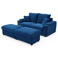 Loveseat with Ottomans,Corduroy Fabric Modular Sectional Sofa,Comfy Deep Plush Couch with Ottomans and Two Pillows,for Small Spaces, Living Room,Bedro