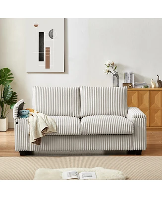 71" Loveseat Small Sofa Plush Corduroy Fabric Square Storage Armrest Usb port (Only Sofa, Do Not Include Ottoman)