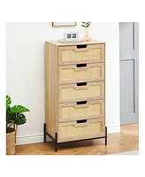 Modern Rattan 5 Drawers Dresser, Double Dresser For Bedroom