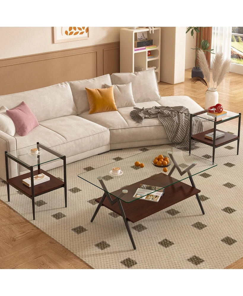 Coffee Table and End tables Set of 3, Tempered Glass Table with Mdf layer, Modern Tables for Living Room