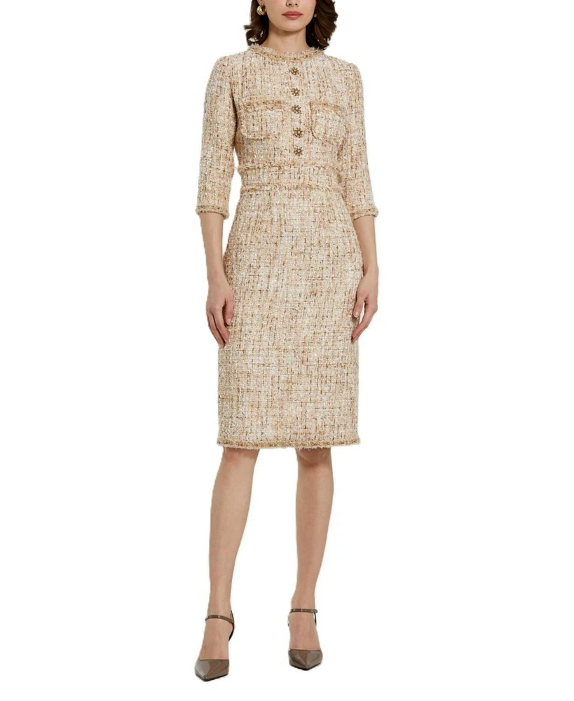 Mac Duggal Women's 3/4 Sleeve Beaded Trim Patch Pocket Dress
