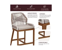 Woven Outdoor Counter Height Bar Stools Chairs Set of 2, Rattan Garden Counter Stools with Aluminum Frame, Modern Barstool with Backrest for Kitchen
