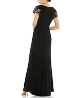 Women's Embellished Sleeve Jersey Wrap Gown