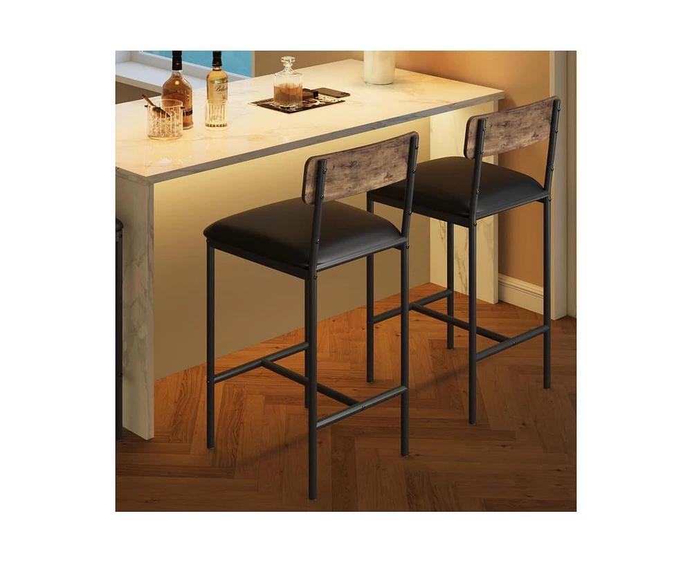 Bar Stools Set of 2, Kitchen Bar Stools with Footrest, 25.5 Inches Upholstered Bar Chairs with Back, 2 Counter Height Barstools for Counter Bar