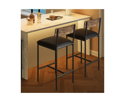 Bar Stools Set of 2, Kitchen Bar Stools with Footrest, 25.5 Inches Upholstered Bar Chairs with Back, 2 Counter Height Barstools for Counter Bar