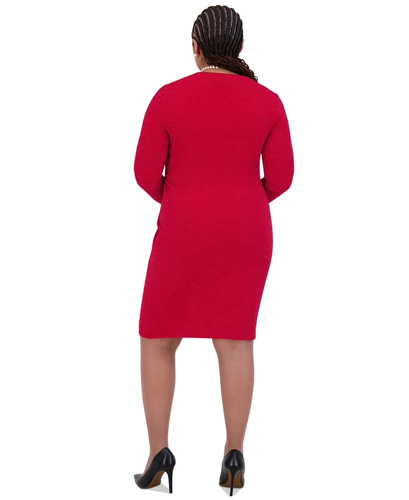 Kasper Women's Twist-Front 3/4-Sleeve Glitter Sheath Dress
