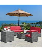 8 Piece Wicker Sofa Rattan Dinning Set Patio Furniture with Storage Table