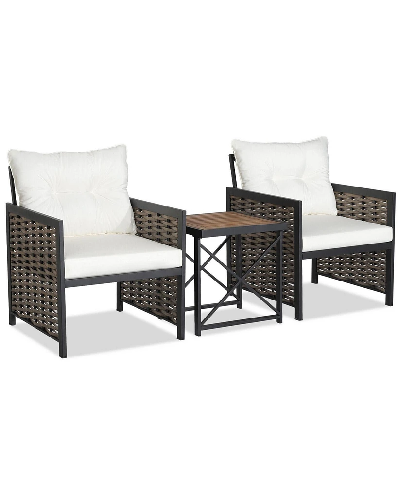 3 Pieces Patio Rattan Furniture Set with Acacia Wood Tabletop