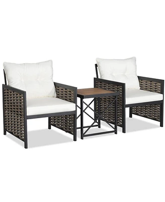 3 Pieces Patio Rattan Furniture Set with Acacia Wood Tabletop
