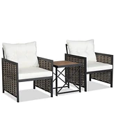 3 Pieces Patio Rattan Furniture Set with Acacia Wood Tabletop