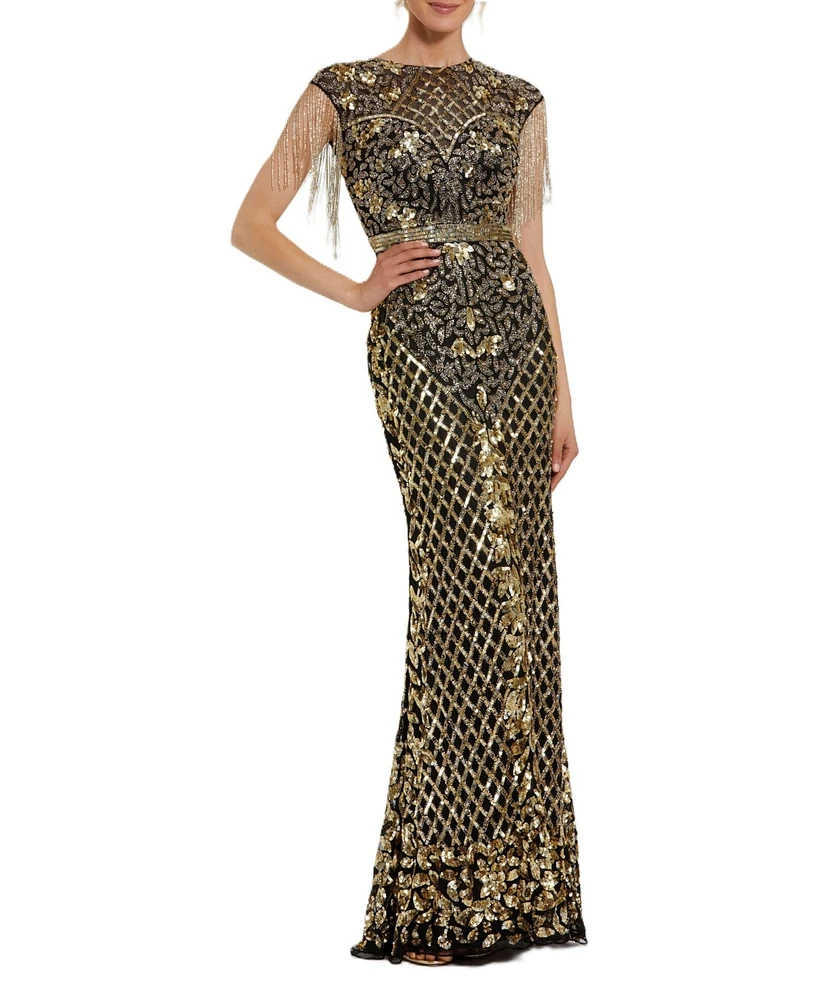 Mac Duggal Women's High Neck Sleeveless Beaded Fringe Fitted Gown