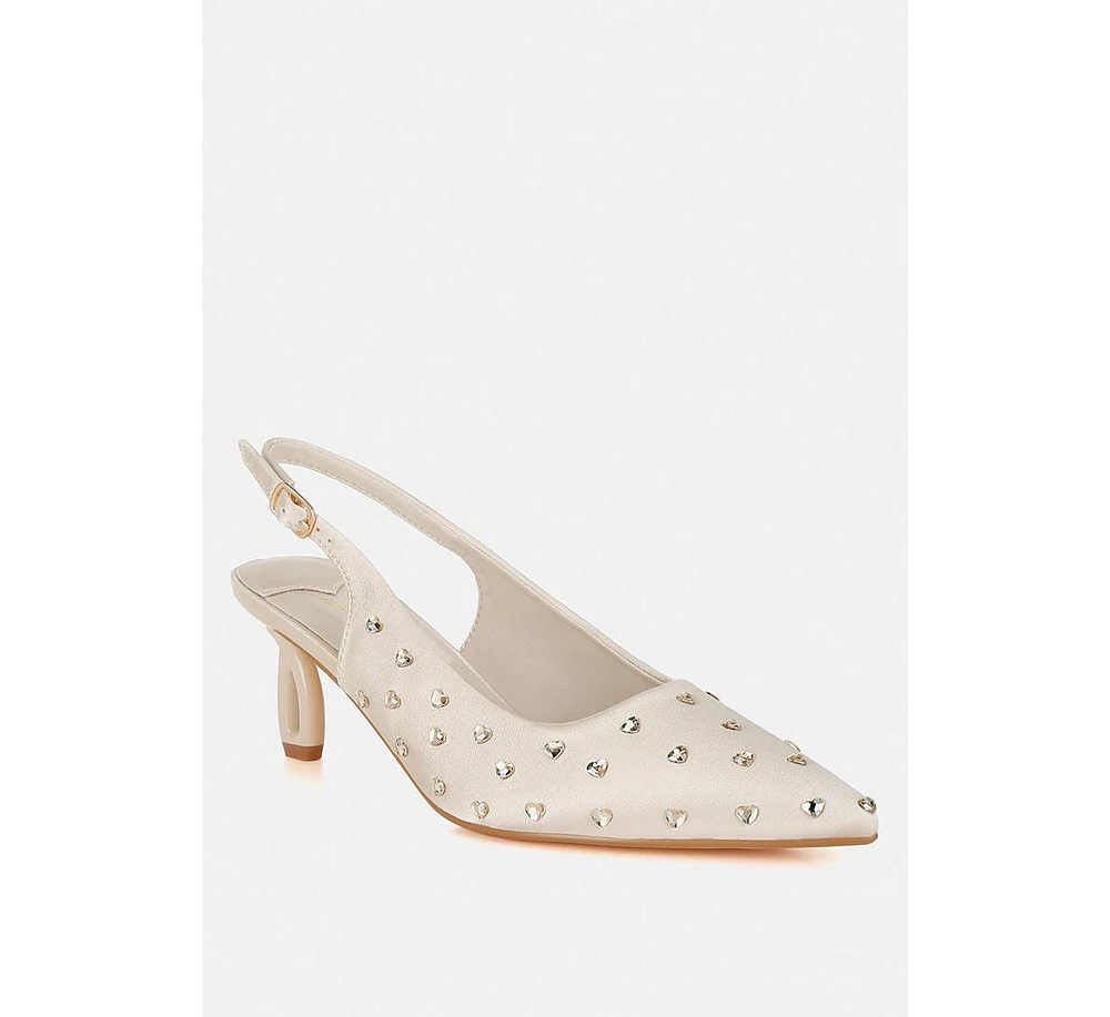 Dasavla Heart-Shaped Rhinestone Studded Slingbacks