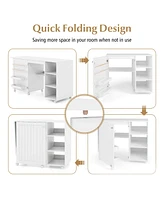 Folding Sewing Table with Storage Shelves 2 Storage Bins & 18 Pegs Lockable Casters