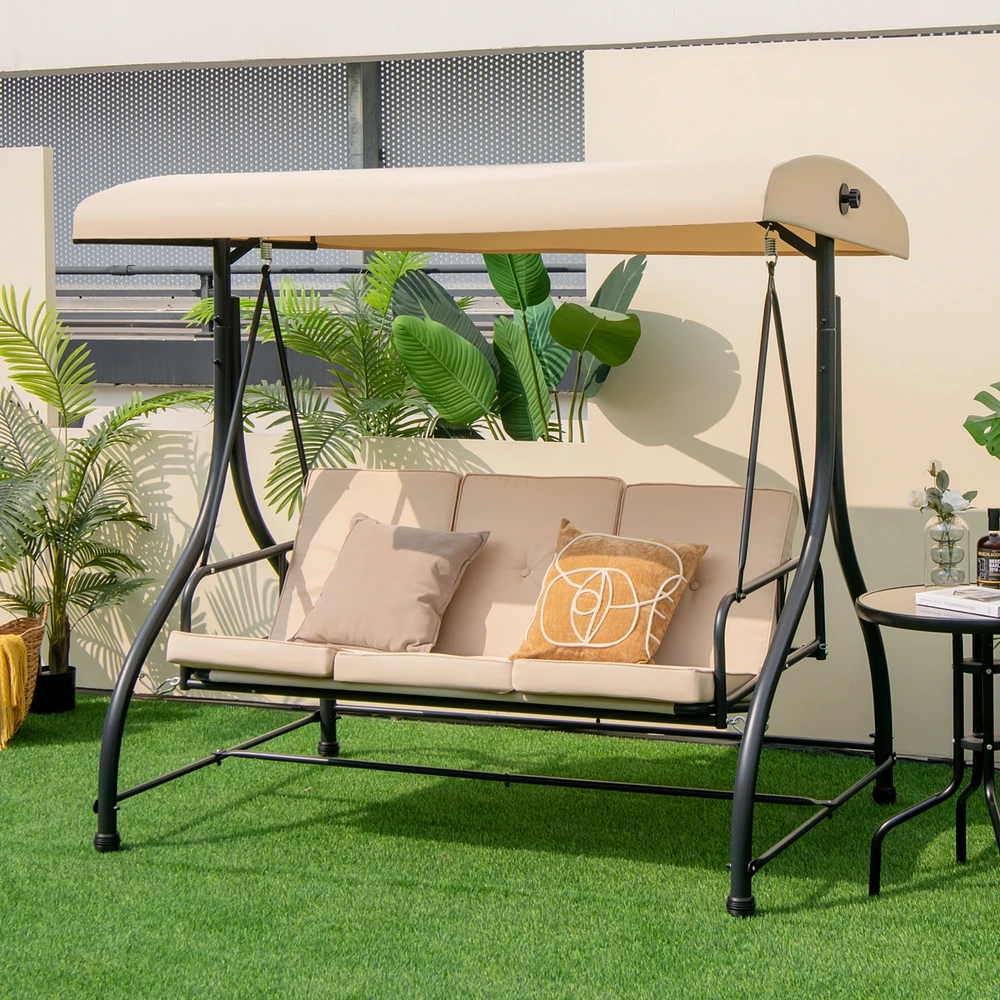 Converting Outdoor Swing Canopy Hammock 3 Seats Patio Deck Furniture beige