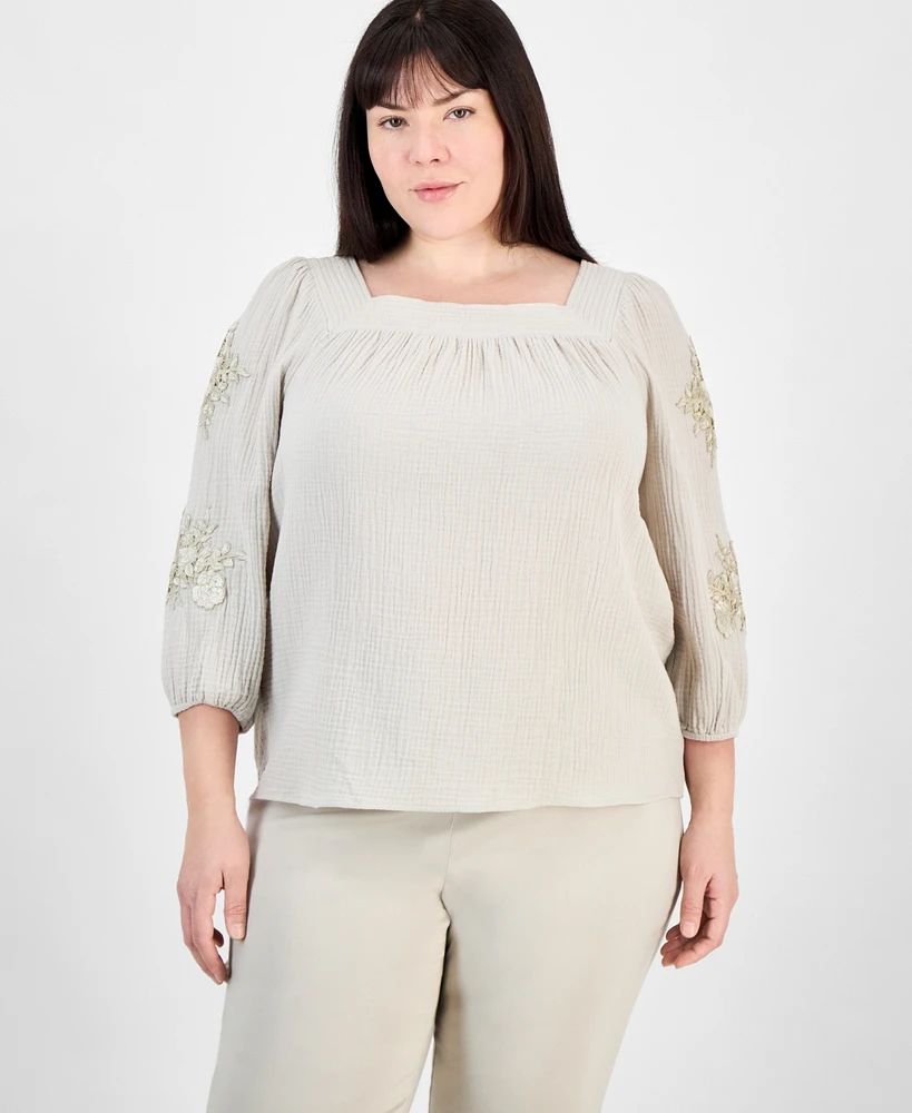 Jm Collection Plus Cotton Square-Neck Floral-Applique Top, Exclusively at Macy's