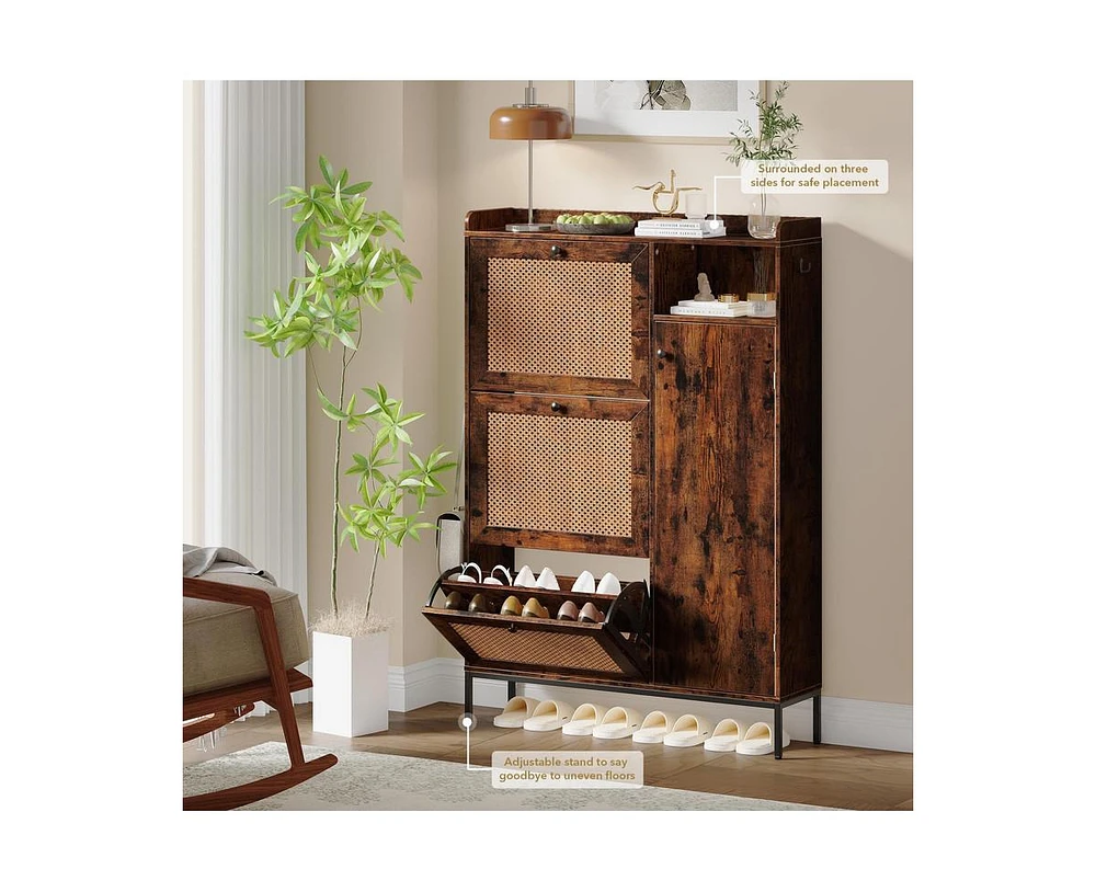 gaomon Shoe Cabinet, Free Standing Shoe Storage Cabinet with 3 Flip Drawers and Adjustable Side Cabinet, Rattan Wooden Shoe Rack