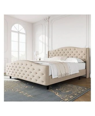 Gaomon Queen King Size Velvet Bed Frame With Headboard Footboard Tufted Wingback Headboard Upholstered Platform Bed Strong Wooden Slats No Box Spring Needed Easy Assembly