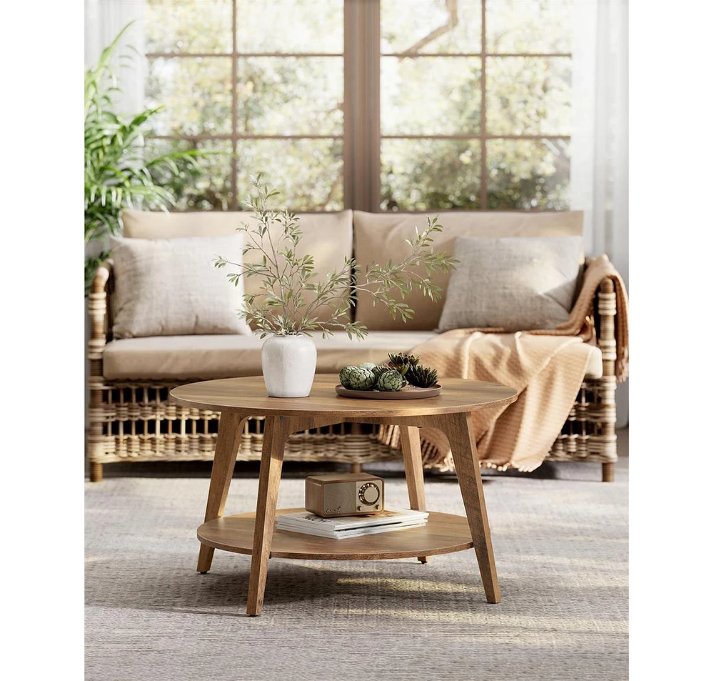 2-Tier Round Coffee Table with Open Storage Shelf for Living Room