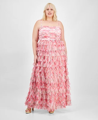 B Darlin Trendy Plus Size Floral Print Ruffle Tiered Gown, Created for Macy's