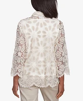 Alfred Dunner Women's Coming up Roses Medallion Lace Two in One Top with Necklace