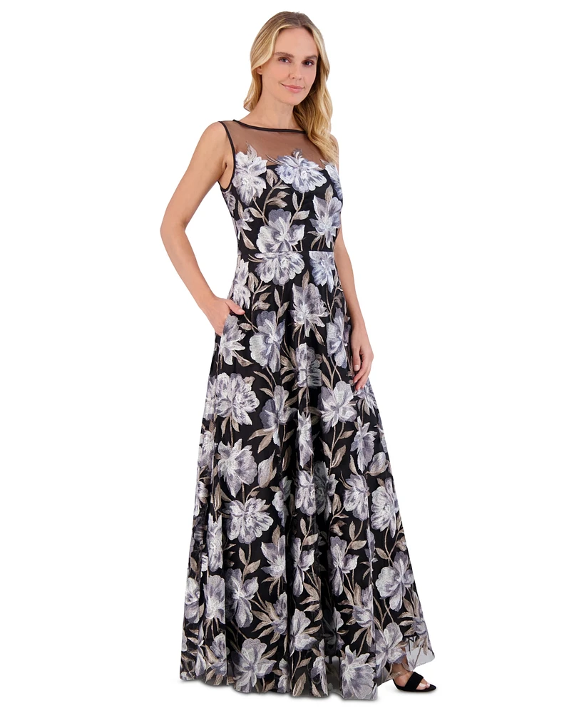 Eliza J Women's Embroidered Illusion-Neck Evening Gown